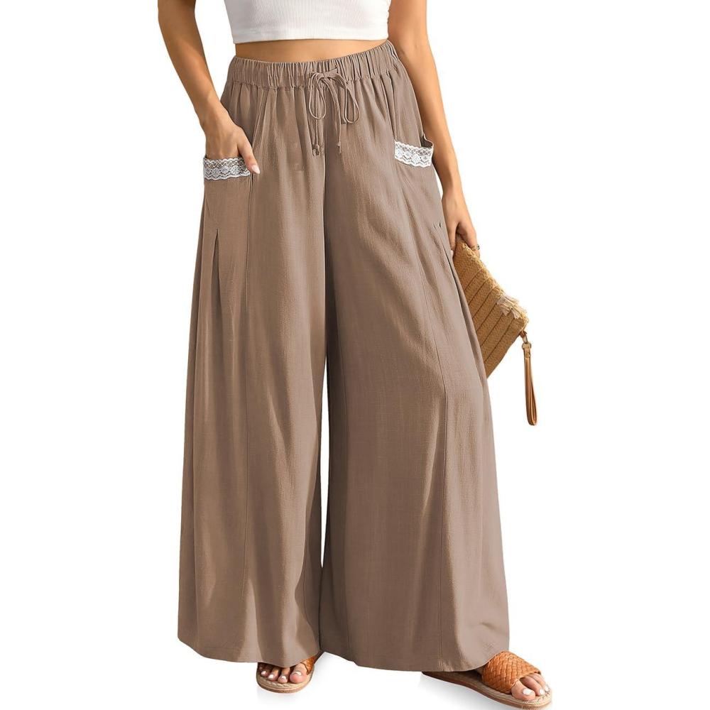 image:imageTARSE Womens Linen Wide Leg Pants Flowy Palazzo Trendy Casual Lounge Boho Drawstring Trousers Summer Beach with PocketsMid Coffee