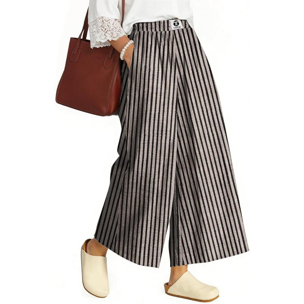 image:imageTARSE Womens Wide Leg Linen Capri Pants Summer Elastic Waist Palazzo Trousers Bottoms with PocketsStripe Black Beige