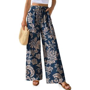TARSE Women Linen Palazzo Pants Summer Wide Leg Casual Lounge Pant 2026 Beach Travel Vacation Outfits(Flower Leave Blue)
