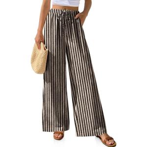 TARSE Women Linen Palazzo Pants Summer Wide Leg Casual Lounge Pant 2026 Beach Travel Vacation Outfits(Stripe Black Beige)