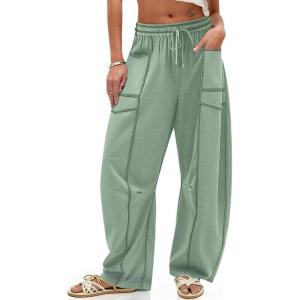 TARSE Womens Barrel Linen Pants High Waisted Harem Casual Loose Fit Wide Leg Baggy Drawstring Pants with Pockets(Light Army Green)