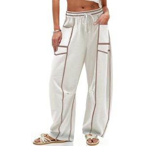TARSE Womens Barrel Linen Pants High Waisted Harem Casual Loose Fit Wide Leg Baggy Drawstring Pants with Pockets(Milky White)