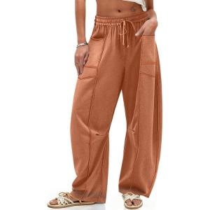 TARSE Womens Barrel Linen Pants High Waisted Harem Casual Loose Fit Wide Leg Baggy Drawstring Pants with Pockets(Red Orange)