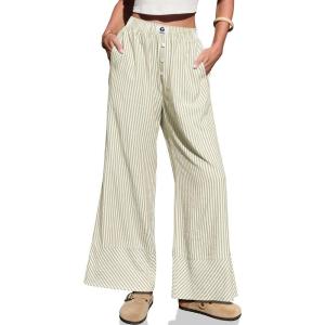 TARSE Womens Gingham Striped Linen Pants Wide Leg Casual Cute Pajama Lounge Bottoms Plaid Trousers with Pockets(Light Khaki Stripe)