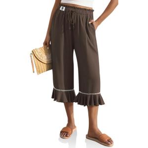 TARSE Women’s Linen Capri Pants High Waisted Lightweight Drawstring Wide Leg Flared Ruffle Hem Palazzo Pants with Pocket(Dark Coffee)