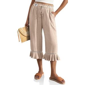 TARSE Women’s Linen Capri Pants High Waisted Lightweight Drawstring Wide Leg Flared Ruffle Hem Palazzo Pants with Pocket(Heather Light Khaki)