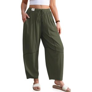 TARSE Women’s Linen Harem Pants Baggy Drawstring Waist Casual Contrast Stitching Wide Leg Barrel Pants with Pockets(Army Green)