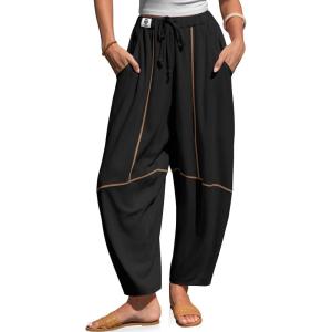 TARSE Women’s Linen Harem Pants Baggy Drawstring Waist Casual Contrast Stitching Wide Leg Barrel Pants with Pockets(Black)