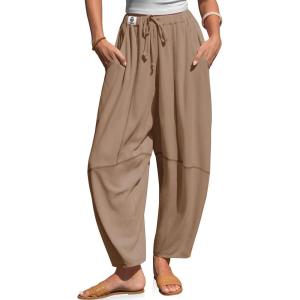TARSE Women’s Linen Harem Pants Baggy Drawstring Waist Casual Contrast Stitching Wide Leg Barrel Pants with Pockets(Mid Coffee)