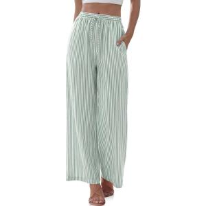 TARSE Womens Linen Striped Gingham Wide Leg Pants Palazzo Drawstring Lounge Pajama Pants Cute Casual Trousers with Pockets(Light Green White Stripe)