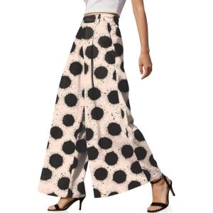 TARSE Women’s Linen Wide Leg Palazzo Pants 2026 High Waist Pleated Printed Flowy Work Casual Trousers with Pockets(Dotvblack)