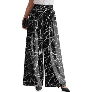 TARSE Women’s Linen Wide Leg Palazzo Pants 2026 High Waist Pleated Printed Flowy Work Casual Trousers with Pockets(Leafstemblack)