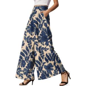 TARSE Women’s Linen Wide Leg Palazzo Pants 2026 High Waist Pleated Printed Flowy Work Casual Trousers with Pockets(Navyleavepaint1)