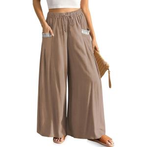 TARSE Women’s Linen Wide Leg Pants Flowy Palazzo Trendy Casual Lounge Boho Drawstring Trousers Summer Beach with Pockets(Mid Coffee)