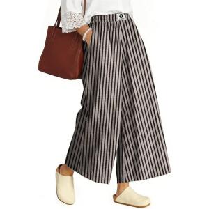 TARSE Womens Wide Leg Linen Capri Pants Summer Elastic Waist Palazzo Trousers Bottoms with Pockets(Stripe Black Beige)