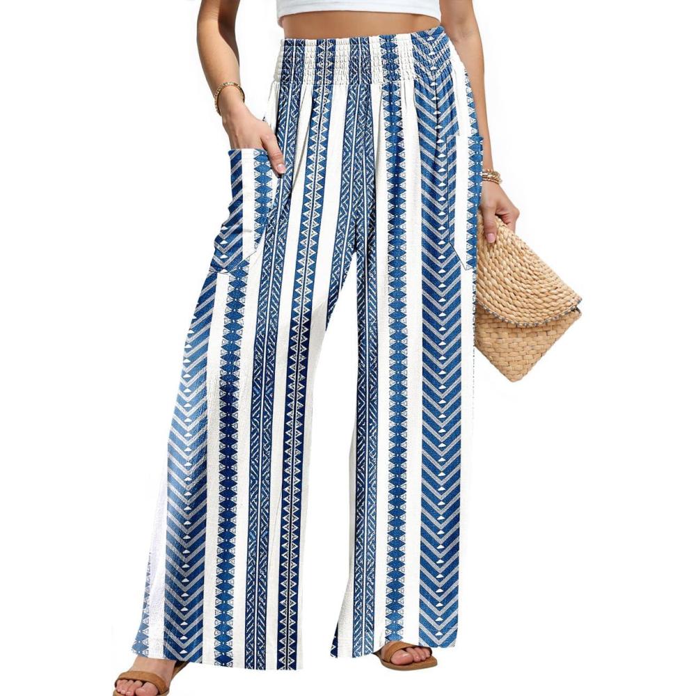 image:imageTARSE Women Linen Palazzo Pants Wide Leg Summer Boho High Waist Casual Lounge Pant Beach Travel Vacation OutfitsStripe Blue