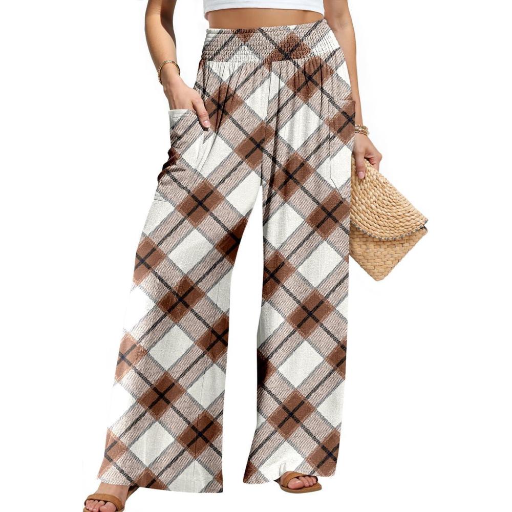image:imageTARSE Women Linen Palazzo Pants Wide Leg Summer Boho High Waist Casual Lounge Pant Beach Travel Vacation OutfitsTwill Flange Distress Coffeewhite