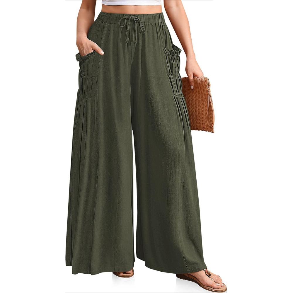 image:imageTARSE Women Linen Palazzo Pants Summer Wide Leg Boho Drawstring Casual Lounge Pant Beach Travel Vacation OutfitsArmy Green
