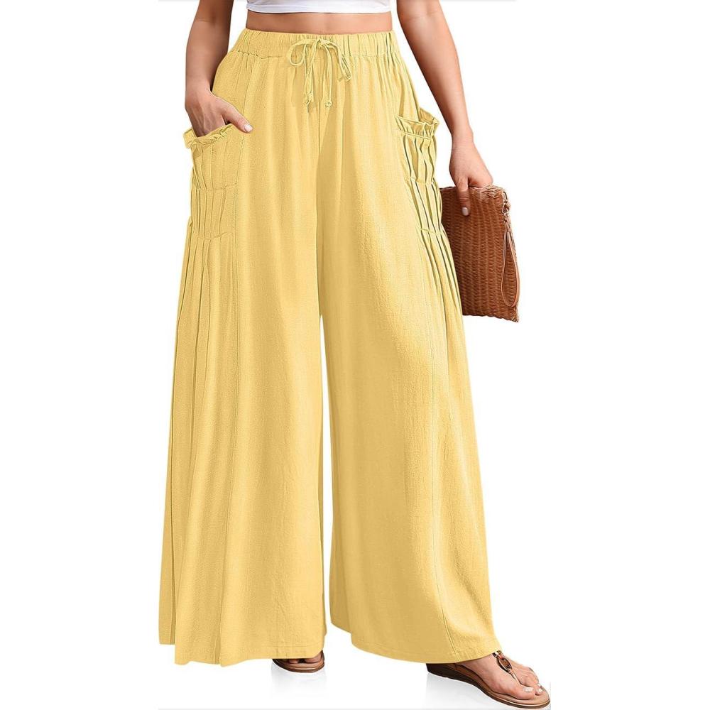 image:imageTARSE Women Linen Palazzo Pants Summer Wide Leg Boho Drawstring Casual Lounge Pant Beach Travel Vacation OutfitsCreamy Yellow