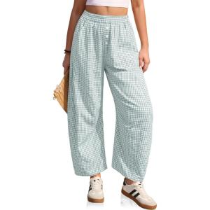 TARSE Gingham Pants Women Barrel Loose Wide Leg Checkered Casual Linen Plaid Trousers with Pockets(Light Gray Blue Plaid)