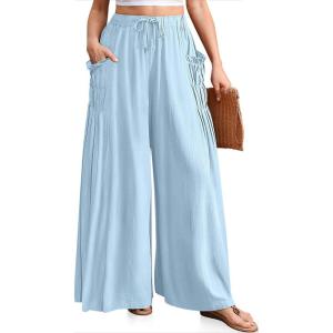 TARSE Women Linen Palazzo Pants Summer Wide Leg Boho Drawstring Casual Lounge Pant Beach Travel Vacation Outfits(Aqua Blue)