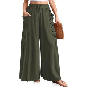 TARSE Women Linen Palazzo Pants Summer Wide Leg Boho Drawstring Casual Lounge Pant Beach Travel Vacation Outfits(Army Green)