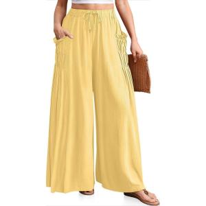 TARSE Women Linen Palazzo Pants Summer Wide Leg Boho Drawstring Casual Lounge Pant Beach Travel Vacation Outfits(Creamy Yellow)