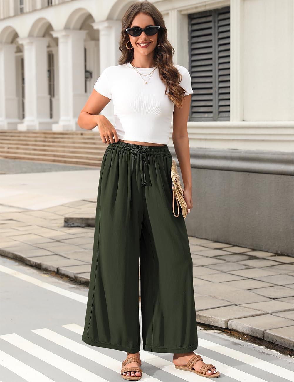 image:imageTARSE Women Linen Wide Leg Pants Casual Loose Drawstring Summer Beach Travel Vacation Palazzo Pants with PocketsArmy Green