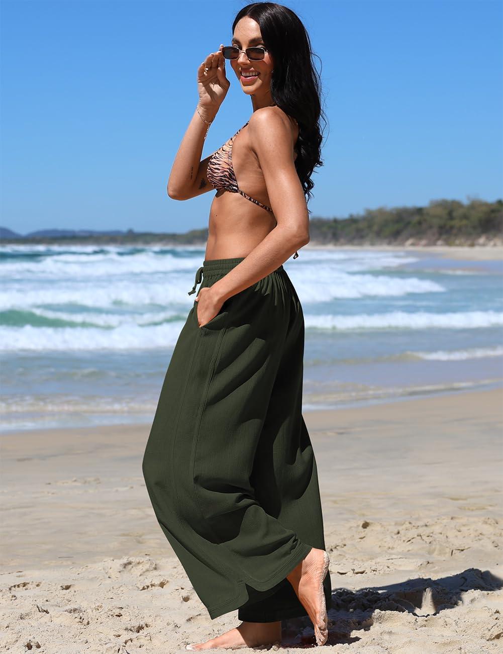 image:imageTARSE Women Linen Wide Leg Pants Casual Loose Drawstring Summer Beach Travel Vacation Palazzo Pants with PocketsArmy Green