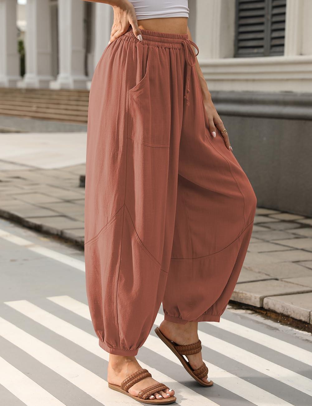 image:imageTARSE Womens Linen Barrel Harem Pants Casual Wide Leg Baggy Drawstring Boho Summer Beach Palazzo Travel PantsRust