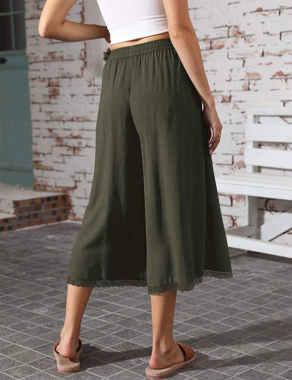 image:imageTARSE Womens Linen Capri Pants Wide Leg Flowy Culottes Summer Casual Lightweight Elastic Waist Drawstring with PocketsArmy Green