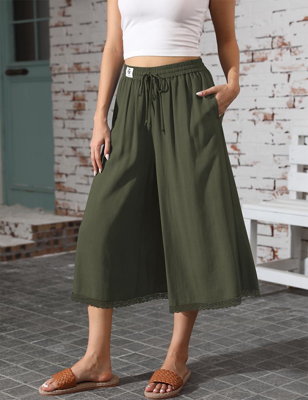 image:imageTARSE Womens Linen Capri Pants Wide Leg Flowy Culottes Summer Casual Lightweight Elastic Waist Drawstring with PocketsArmy Green