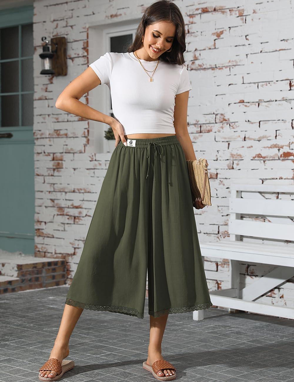 image:imageTARSE Womens Linen Capri Pants Wide Leg Flowy Culottes Summer Casual Lightweight Elastic Waist Drawstring with PocketsArmy Green