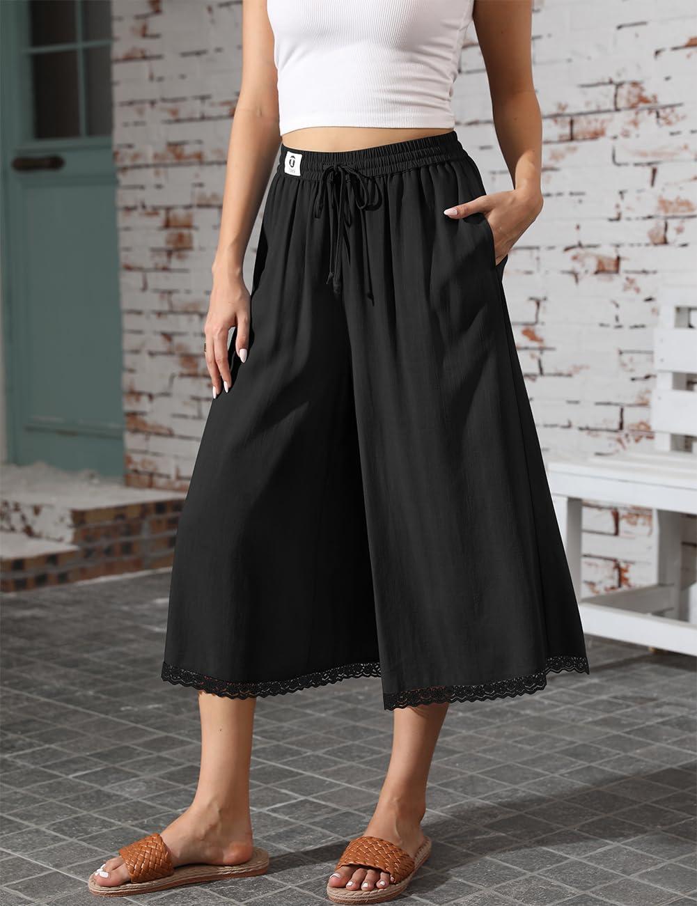 image:imageTARSE Womens Linen Capri Pants Wide Leg Flowy Culottes Summer Casual Lightweight Elastic Waist Drawstring with PocketsBlack