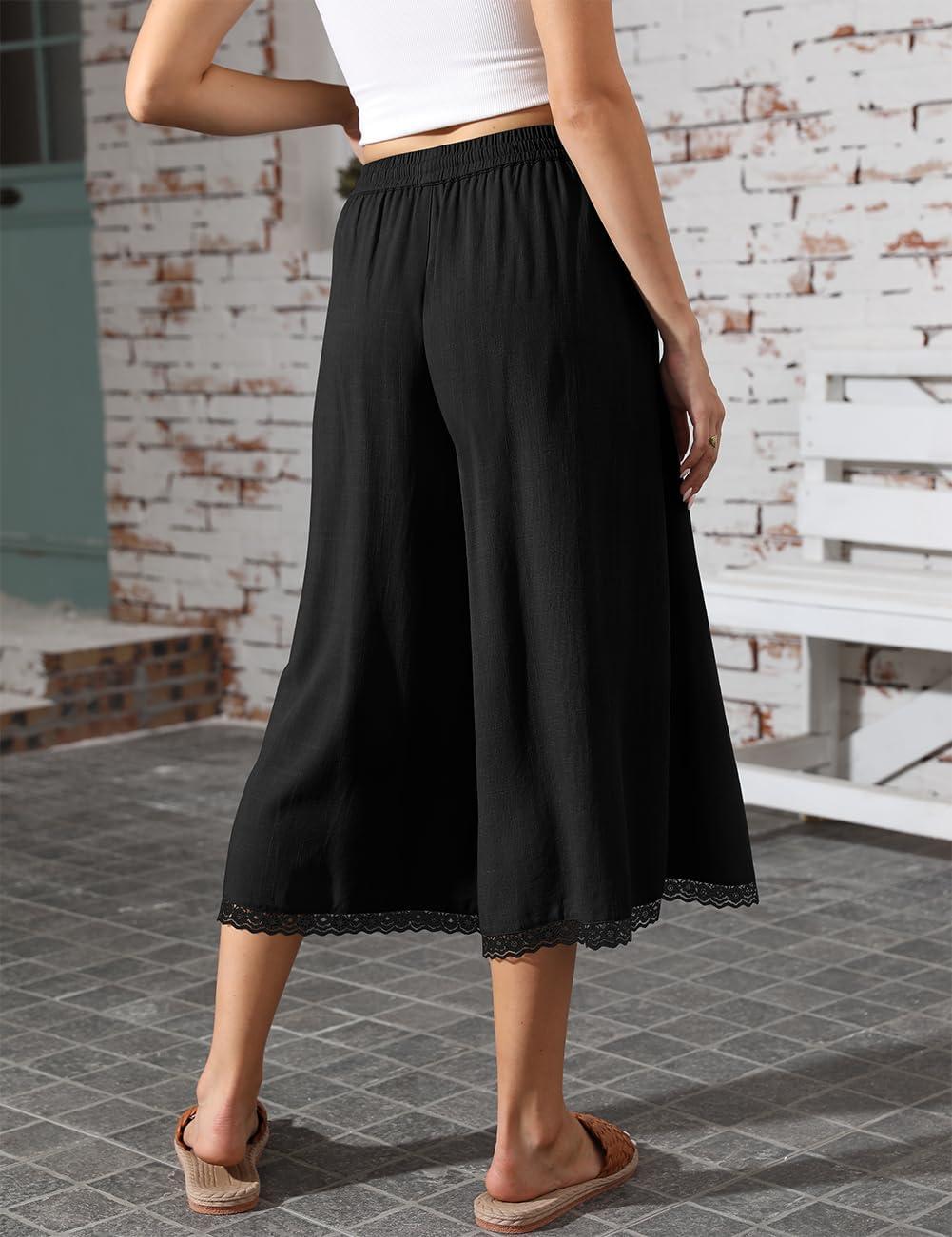 image:imageTARSE Womens Linen Capri Pants Wide Leg Flowy Culottes Summer Casual Lightweight Elastic Waist Drawstring with PocketsBlack