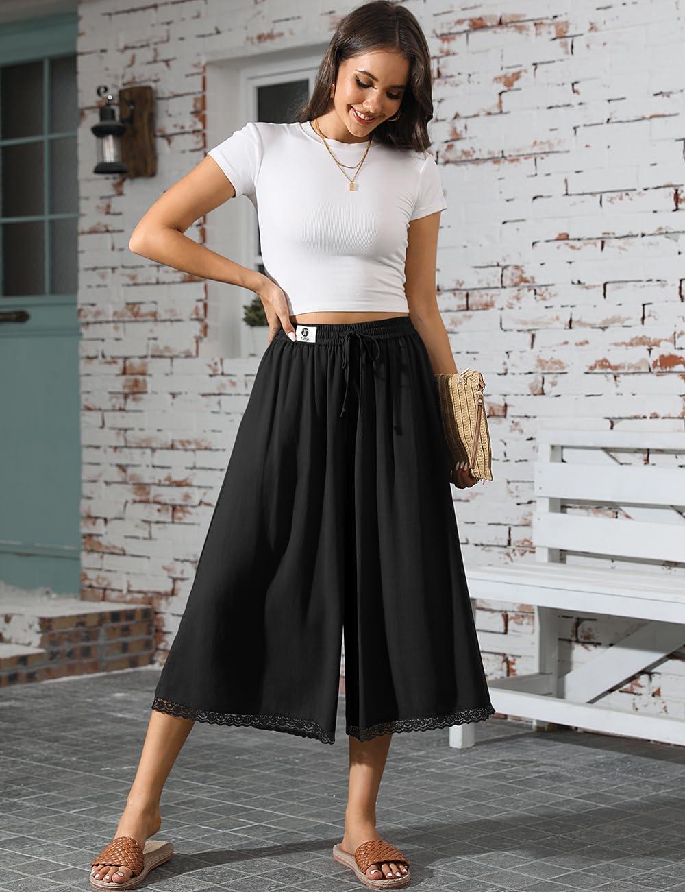 image:imageTARSE Womens Linen Capri Pants Wide Leg Flowy Culottes Summer Casual Lightweight Elastic Waist Drawstring with PocketsBlack