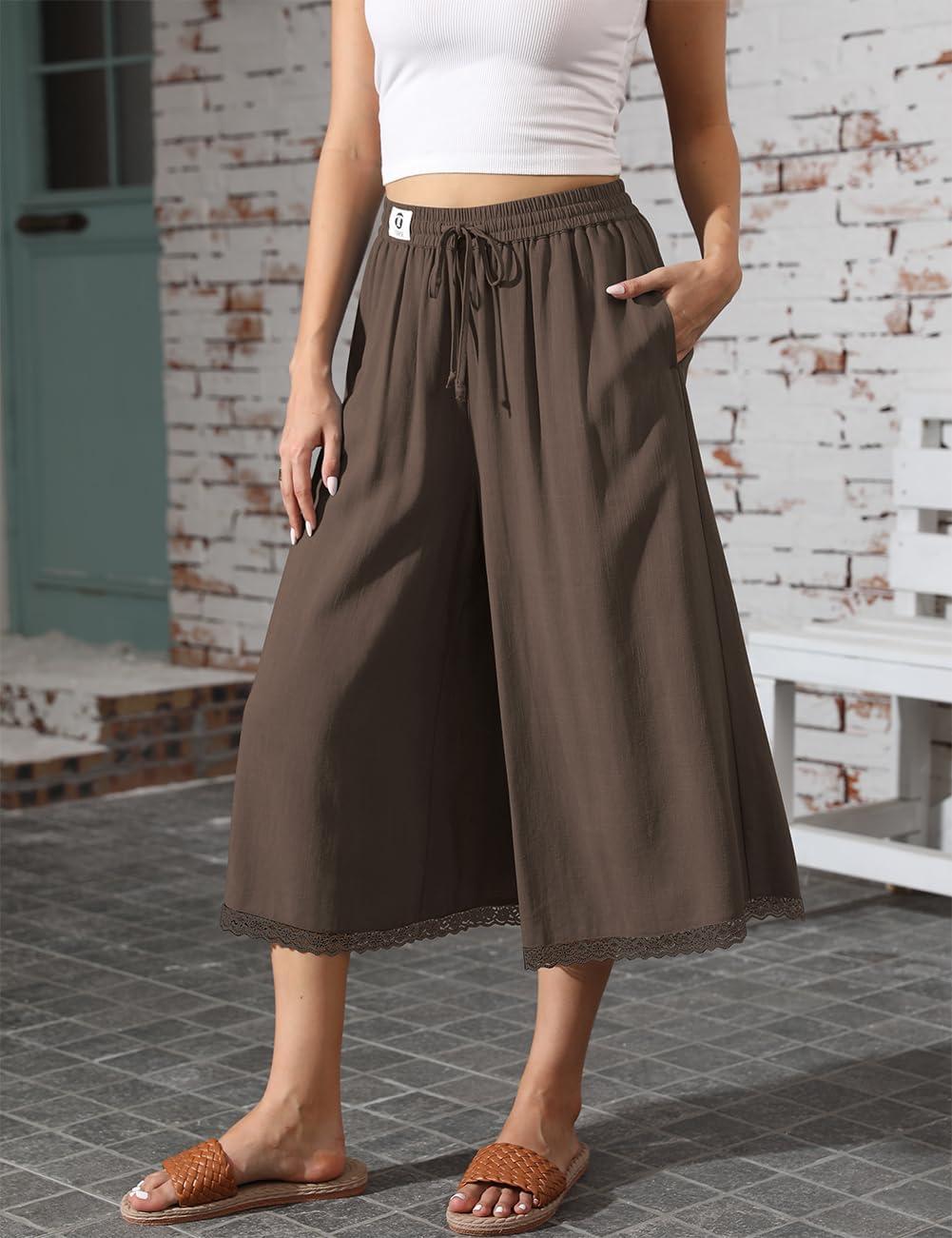 image:imageTARSE Womens Linen Capri Pants Wide Leg Flowy Culottes Summer Casual Lightweight Elastic Waist Drawstring with PocketsDark Coffee