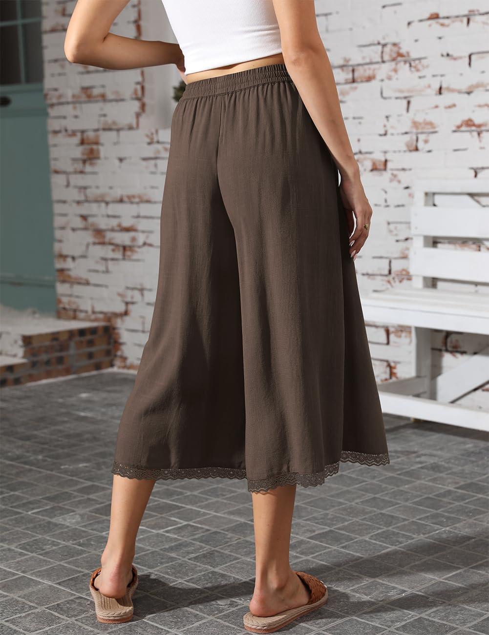 image:imageTARSE Womens Linen Capri Pants Wide Leg Flowy Culottes Summer Casual Lightweight Elastic Waist Drawstring with PocketsDark Coffee