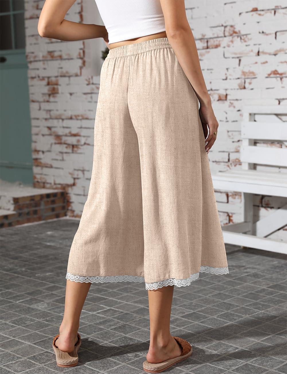 image:imageTARSE Womens Linen Capri Pants Wide Leg Flowy Culottes Summer Casual Lightweight Elastic Waist Drawstring with PocketsHeather Light Khaki