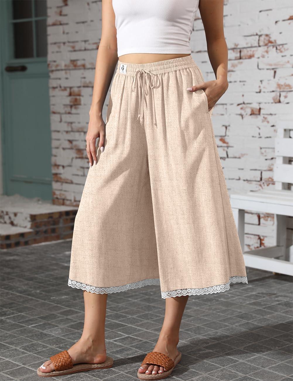 image:imageTARSE Womens Linen Capri Pants Wide Leg Flowy Culottes Summer Casual Lightweight Elastic Waist Drawstring with PocketsHeather Light Khaki