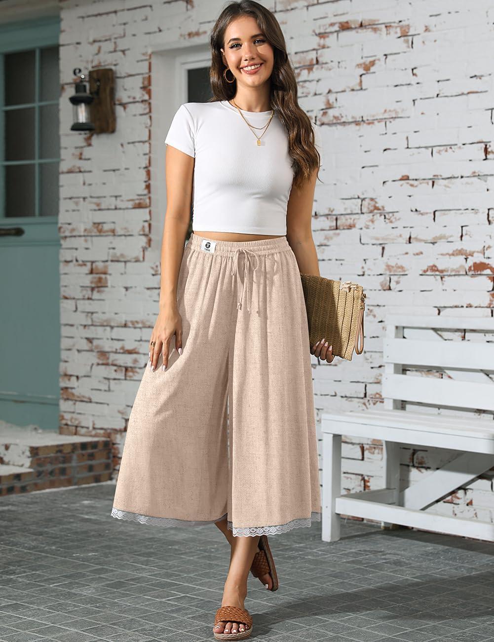 image:imageTARSE Womens Linen Capri Pants Wide Leg Flowy Culottes Summer Casual Lightweight Elastic Waist Drawstring with PocketsHeather Light Khaki