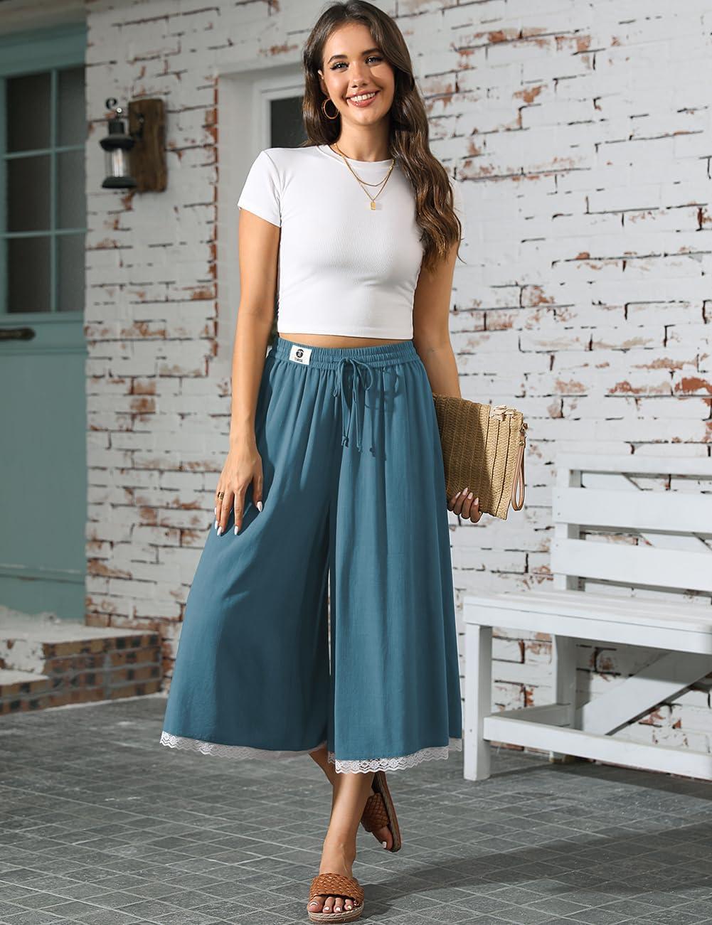 image:imageTARSE Womens Linen Capri Pants Wide Leg Flowy Culottes Summer Casual Lightweight Elastic Waist Drawstring with PocketsLake Blue