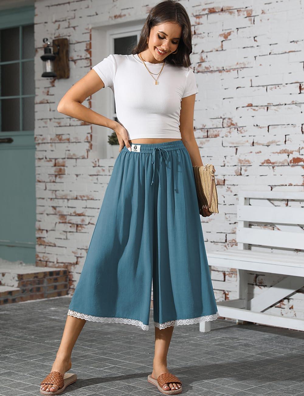 image:imageTARSE Womens Linen Capri Pants Wide Leg Flowy Culottes Summer Casual Lightweight Elastic Waist Drawstring with PocketsLake Blue