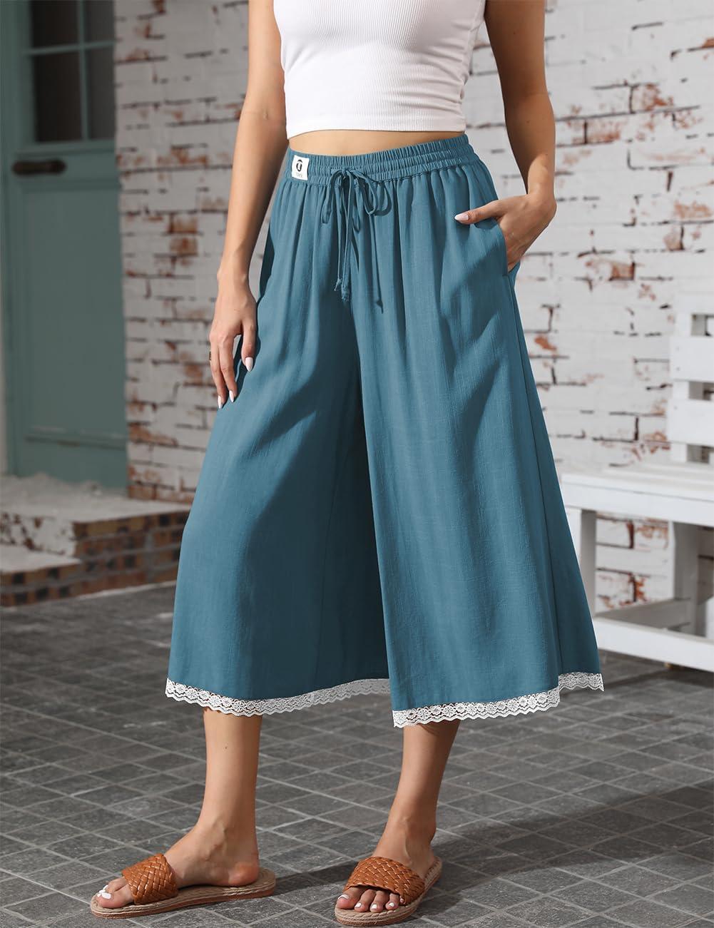 image:imageTARSE Womens Linen Capri Pants Wide Leg Flowy Culottes Summer Casual Lightweight Elastic Waist Drawstring with PocketsLake Blue