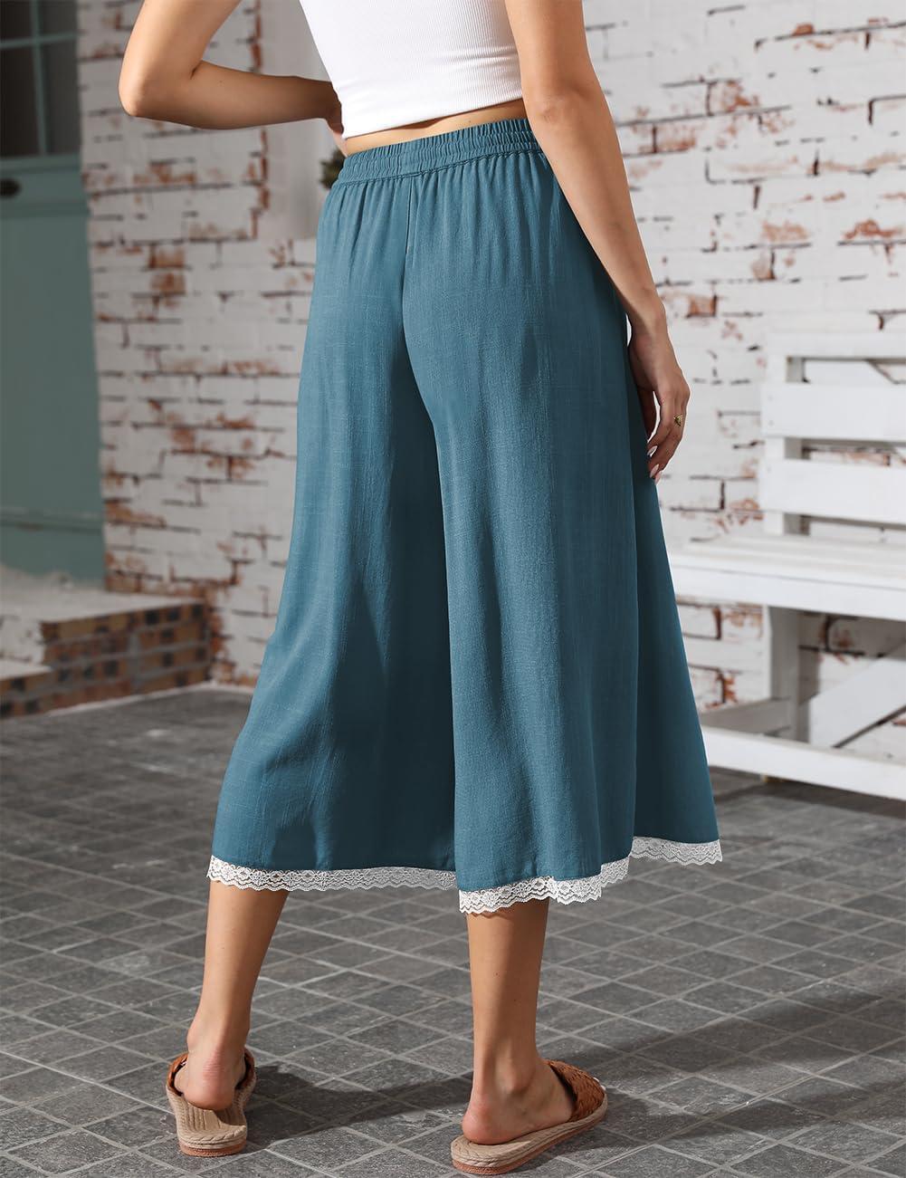 image:imageTARSE Womens Linen Capri Pants Wide Leg Flowy Culottes Summer Casual Lightweight Elastic Waist Drawstring with PocketsLake Blue