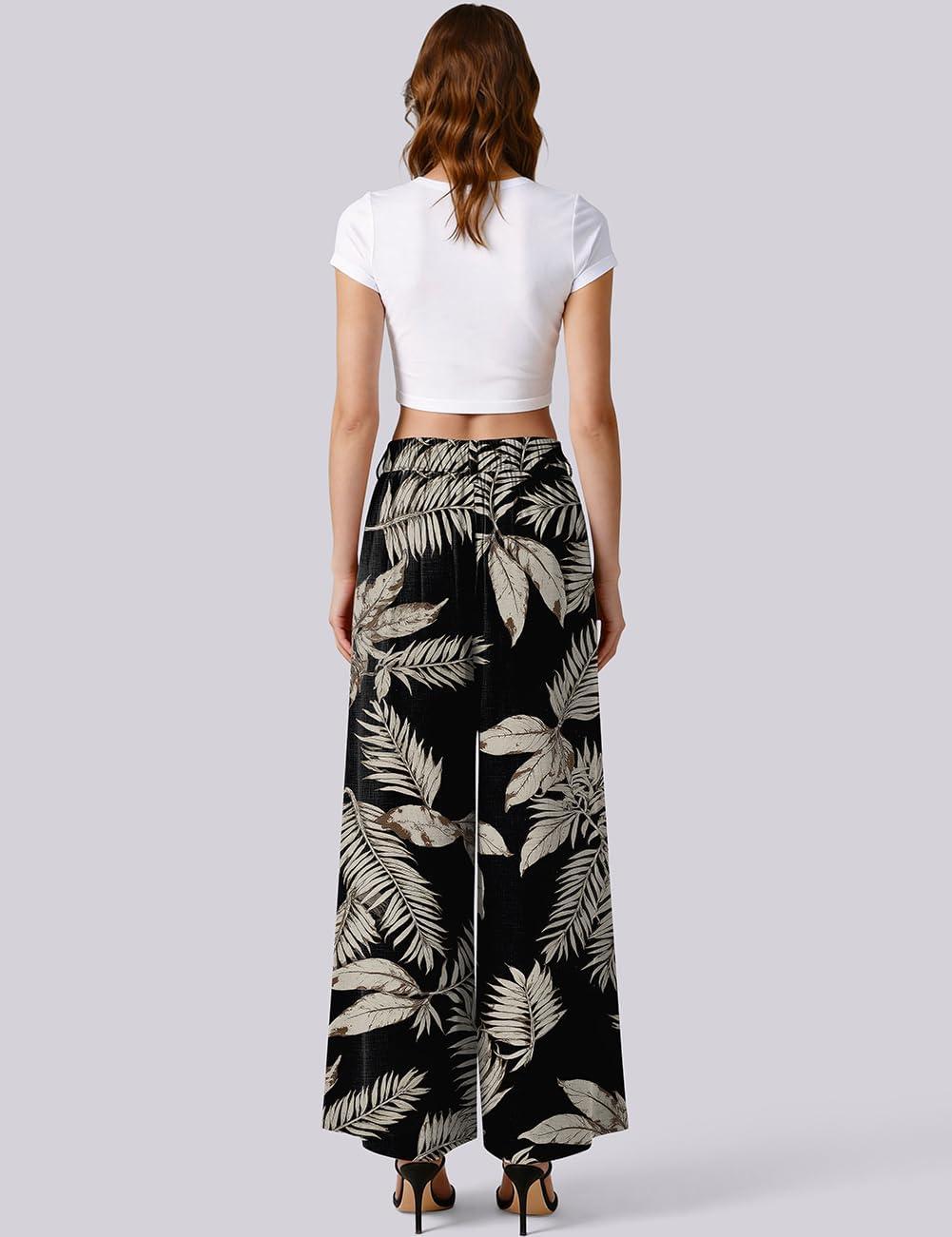 image:imageTARSE Womens Linen Palazzo Pants 2026 High Waist Wide Leg Printed Pleat Pants Woman Flowy Dressy Casual Pockets TrousersBrycoconutleave