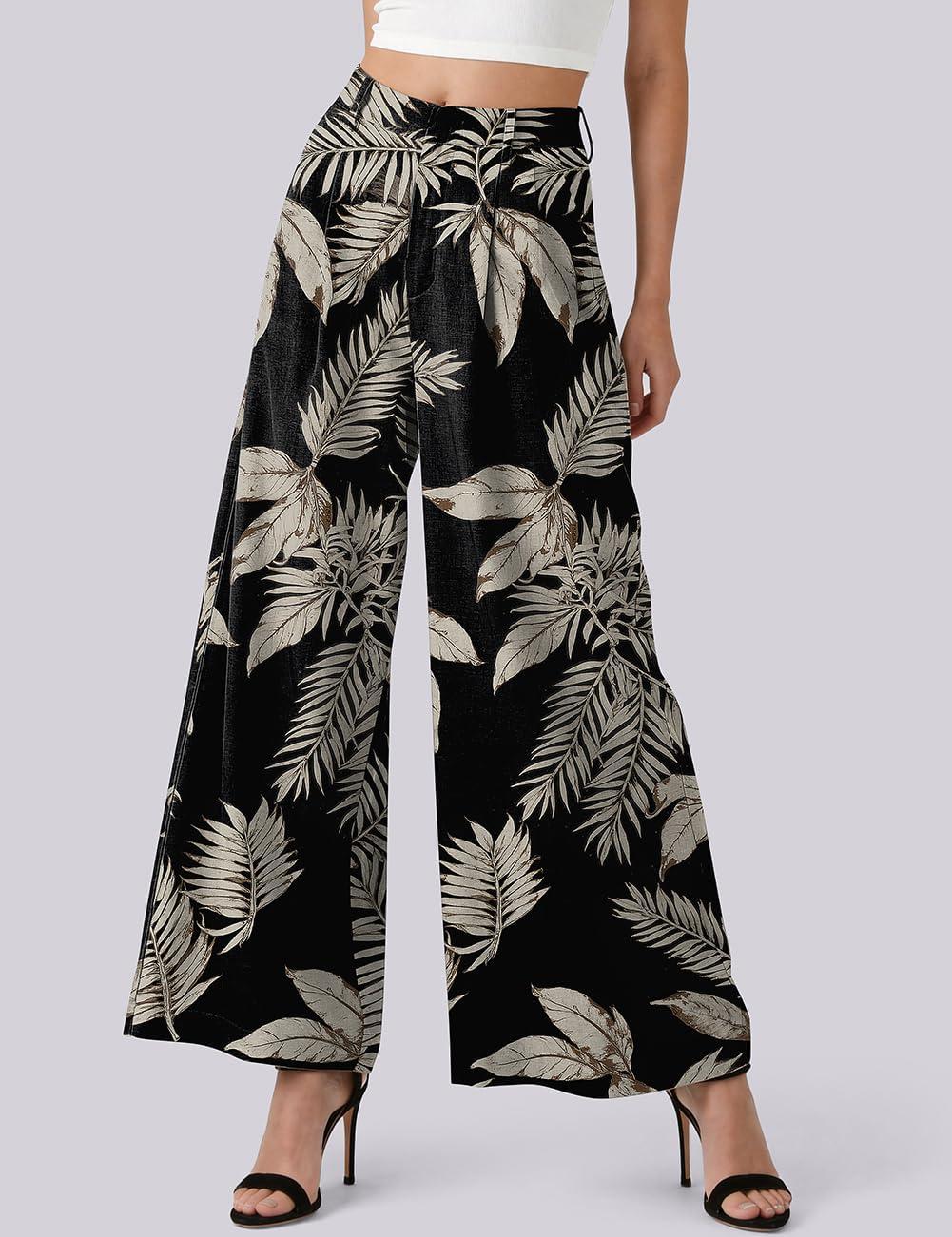image:imageTARSE Womens Linen Palazzo Pants 2026 High Waist Wide Leg Printed Pleat Pants Woman Flowy Dressy Casual Pockets TrousersBrycoconutleave