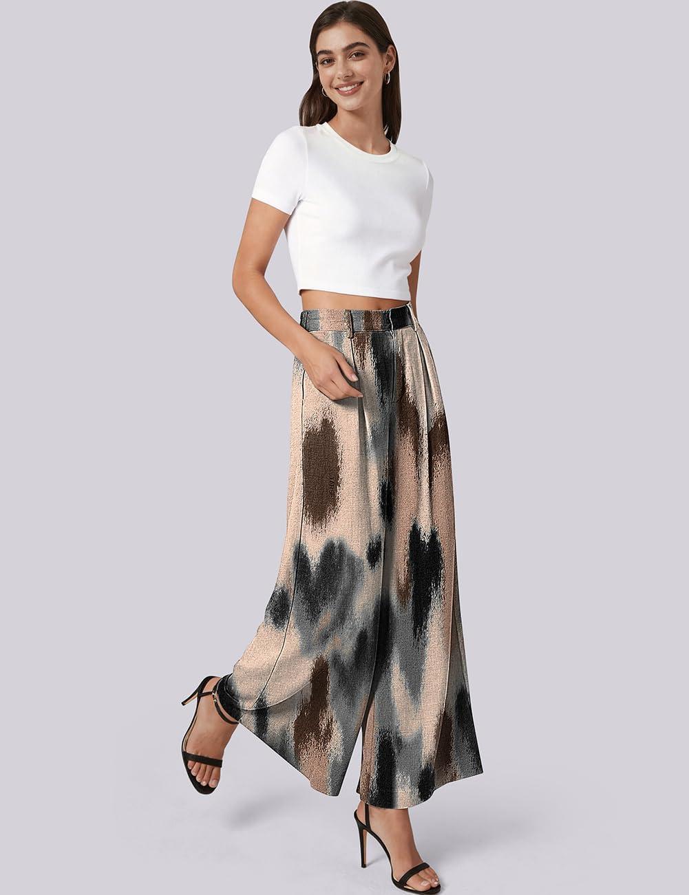 image:imageTARSE Womens Linen Palazzo Pants 2026 High Waist Wide Leg Printed Pleat Pants Woman Flowy Dressy Casual Pockets TrousersColorfulpaint