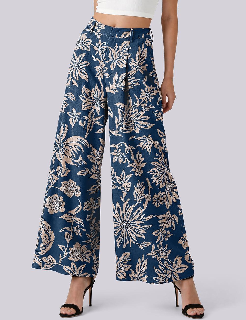 image:imageTARSE Womens Linen Palazzo Pants 2026 High Waist Wide Leg Printed Pleat Pants Woman Flowy Dressy Casual Pockets TrousersFlowerleaveblue