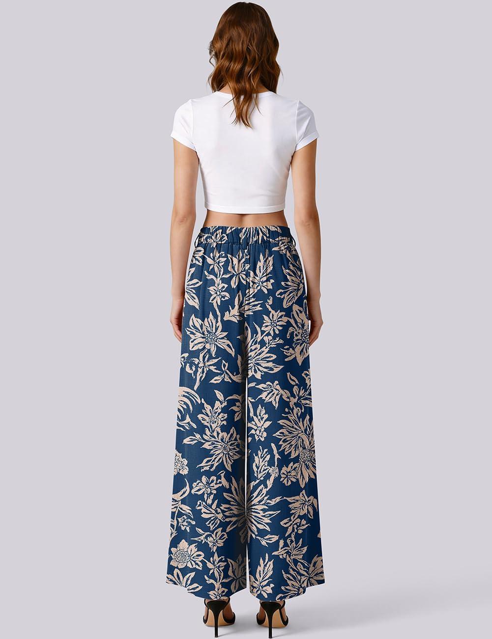 image:imageTARSE Womens Linen Palazzo Pants 2026 High Waist Wide Leg Printed Pleat Pants Woman Flowy Dressy Casual Pockets TrousersFlowerleaveblue
